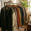 Perchero con prendas de abrigo y americanas de segunda mano colgadas en perchas de madera en una tienda de ropa usada