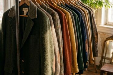 Perchero con prendas de abrigo y americanas de segunda mano colgadas en perchas de madera en una tienda de ropa usada