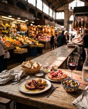 Barra gastronómica con platos de cocina local en el interior de un mercado tradicional
