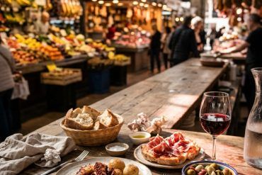 Barra gastronómica con platos de cocina local en el interior de un mercado tradicional