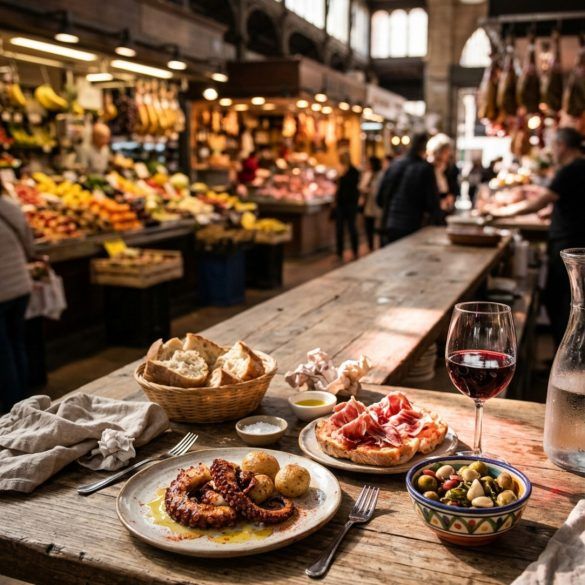 Barra gastronómica con platos de cocina local en el interior de un mercado tradicional