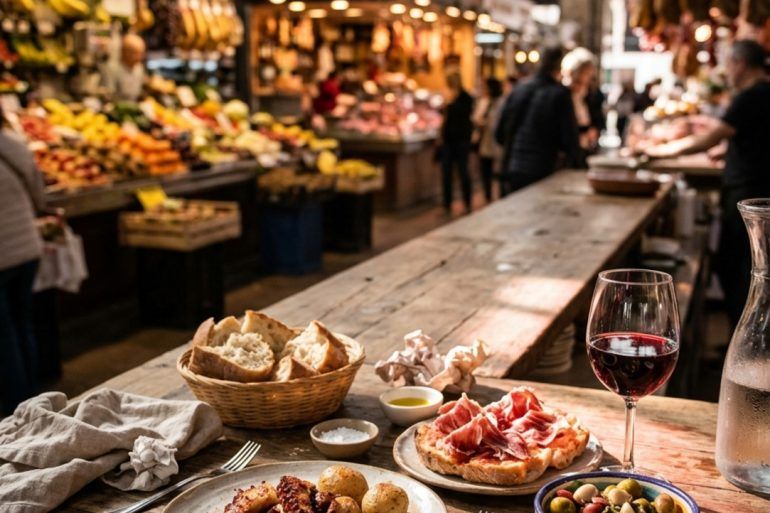 Barra gastronómica con platos de cocina local en el interior de un mercado tradicional