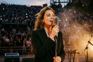 Cantante sobre el escenario con micrófono bajo iluminación cálida en un anfiteatro nocturno con público de fondo