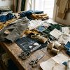 Tejidos reciclados y patrones de sastrería sobre una mesa de corte en un taller de confección textil