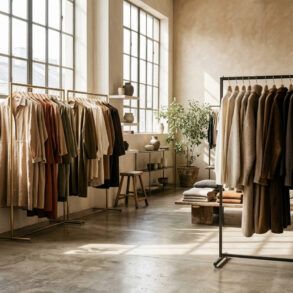 Percheros con ropa de segunda mano y prendas vintage en un espacio luminoso de estilo minimalista.