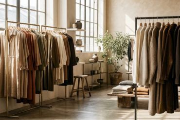 Percheros con ropa de segunda mano y prendas vintage en un espacio luminoso de estilo minimalista.