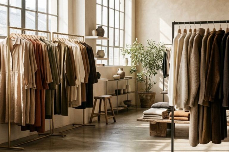 Percheros con ropa de segunda mano y prendas vintage en un espacio luminoso de estilo minimalista.