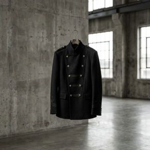 Chaqueta negra de inspiración militar con detalles metálicos sobre fondo neutro en un entorno urbano de estilo editorial