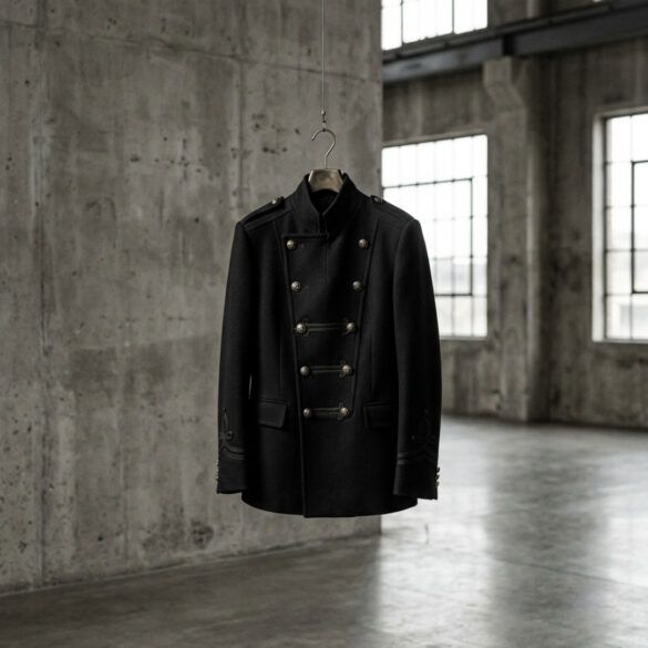 Chaqueta negra de inspiración militar con detalles metálicos sobre fondo neutro en un entorno urbano de estilo editorial