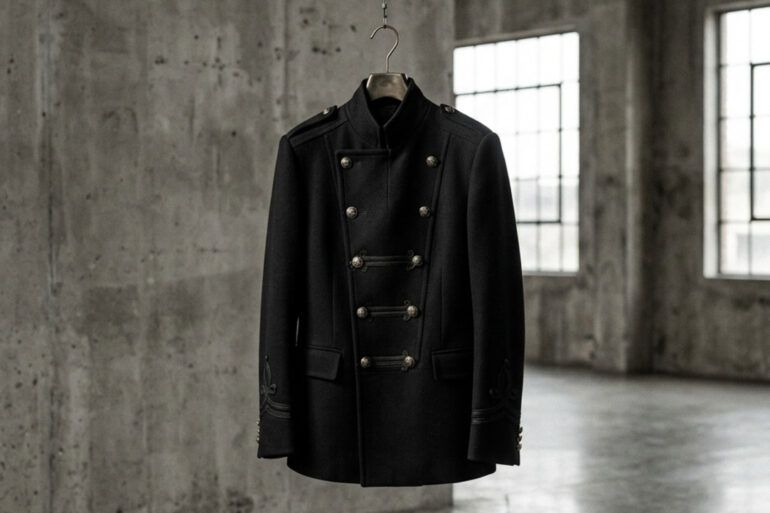 Chaqueta negra de inspiración militar con detalles metálicos sobre fondo neutro en un entorno urbano de estilo editorial