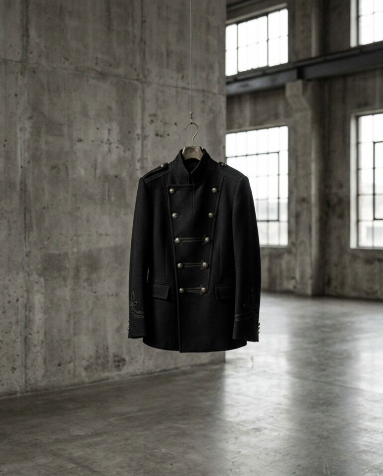 Chaqueta negra de inspiración militar con detalles metálicos sobre fondo neutro en un entorno urbano de estilo editorial