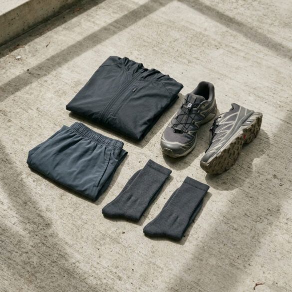 Detalle de zapatillas de running y prendas técnicas de diseño minimalista sobre suelo de hormigón con luz natural.