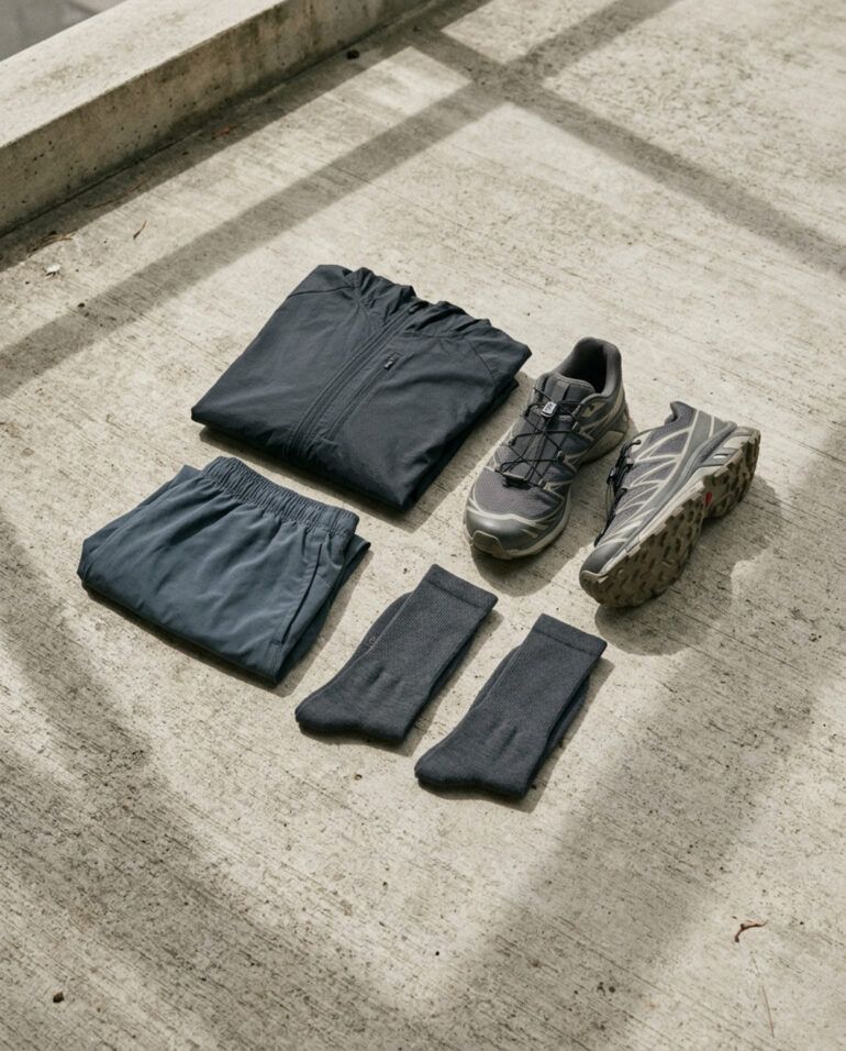 Detalle de zapatillas de running y prendas técnicas de diseño minimalista sobre suelo de hormigón con luz natural.