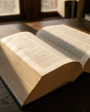 Diccionario abierto con páginas gastadas sobre una mesa de madera con luz natural de estudio