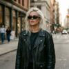 Retrato de estilo editorial de una mujer rubia con cazadora de cuero y actitud rock en un entorno urbano moderno.