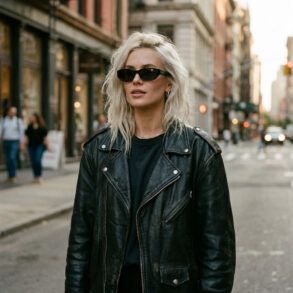 Retrato de estilo editorial de una mujer rubia con cazadora de cuero y actitud rock en un entorno urbano moderno.