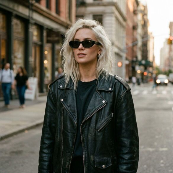 Retrato de estilo editorial de una mujer rubia con cazadora de cuero y actitud rock en un entorno urbano moderno.