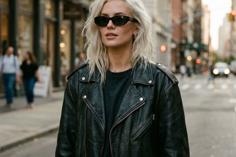 Retrato de estilo editorial de una mujer rubia con cazadora de cuero y actitud rock en un entorno urbano moderno.