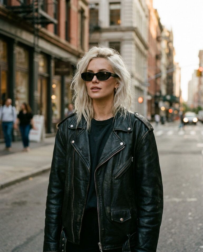 Retrato de estilo editorial de una mujer rubia con cazadora de cuero y actitud rock en un entorno urbano moderno.