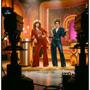 Escena editorial de inspiración retro pop con dos mujeres en un plató de televisión vintage con luces cálidas