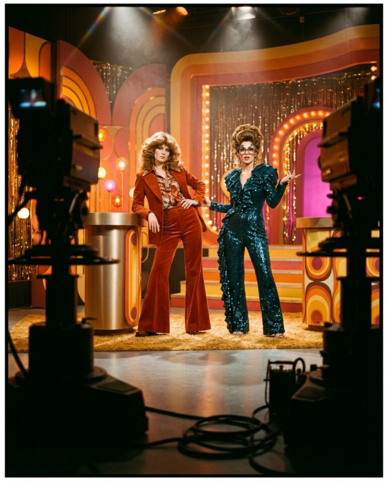 Escena editorial de inspiración retro pop con dos mujeres en un plató de televisión vintage con luces cálidas