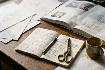 Escritorio de madera con cuaderno abierto, café y papeles con luz natural matutina en un entorno creativo