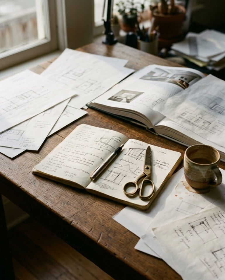 Escritorio de madera con cuaderno abierto, café y papeles con luz natural matutina en un entorno creativo
