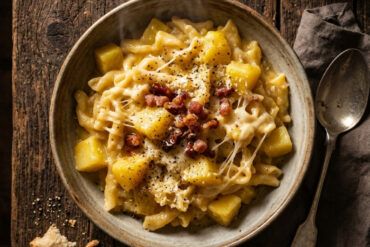 Cazuela rústica de pasta mista con patatas, panceta y queso derretido sobre mesa de madera