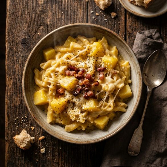Cazuela rústica de pasta mista con patatas, panceta y queso derretido sobre mesa de madera