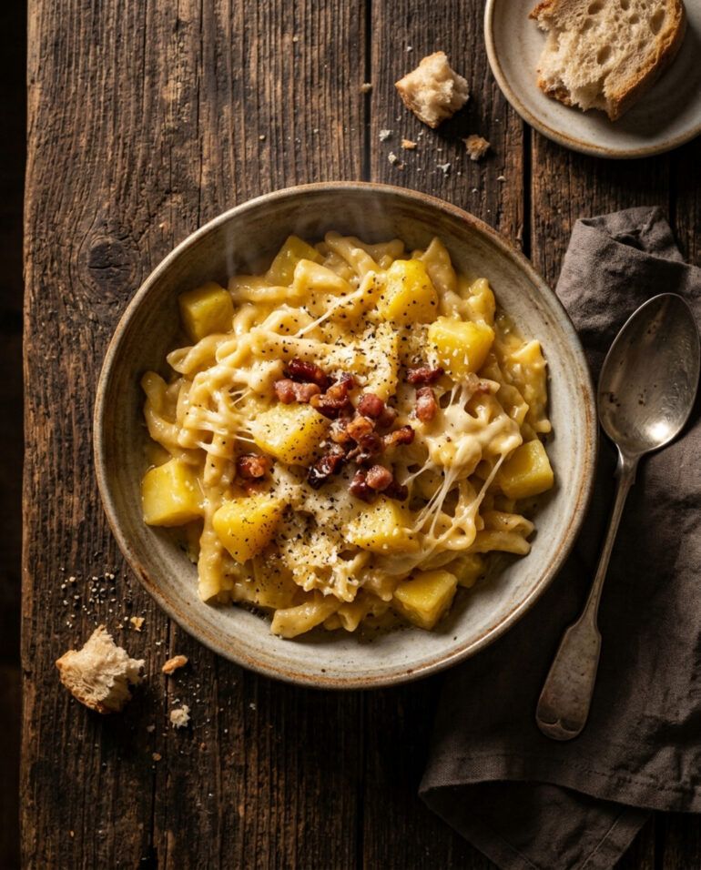 Cazuela rústica de pasta mista con patatas, panceta y queso derretido sobre mesa de madera