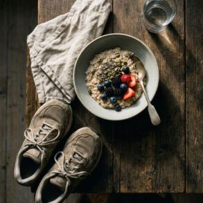 Mesa de madera con desayuno saludable de avena, frutos secos y zapatillas de deporte preparadas para entrenar.