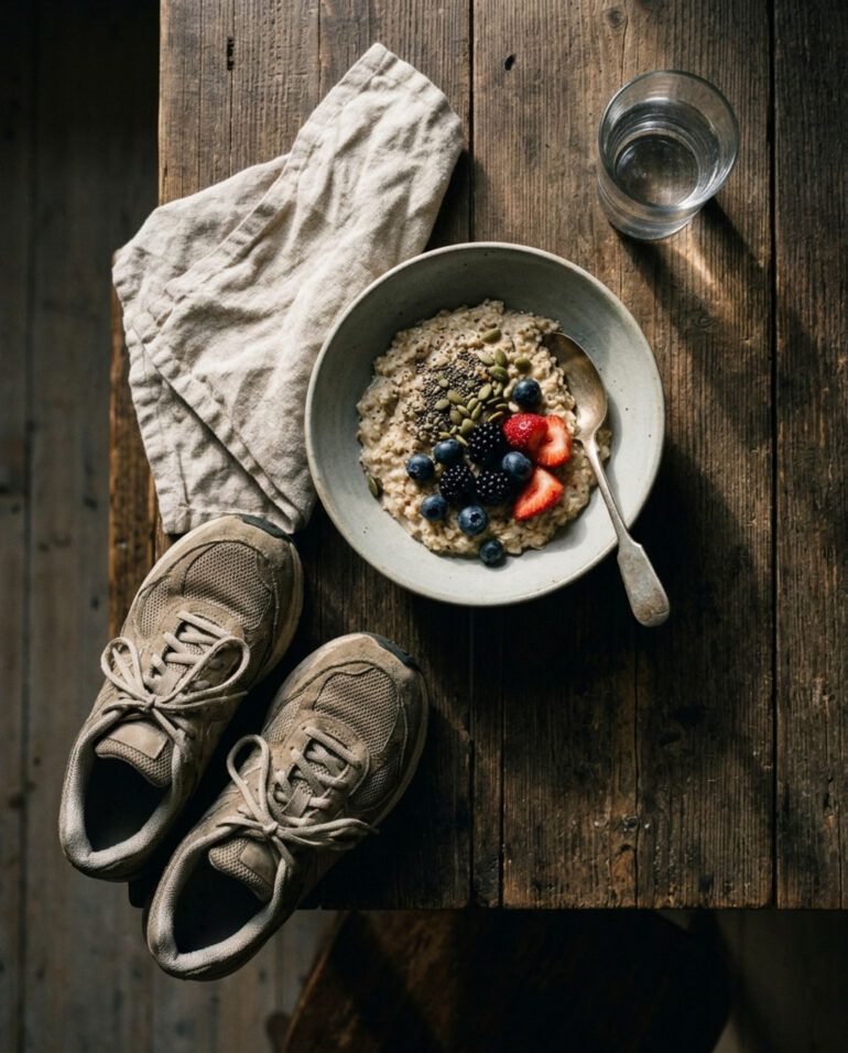 Mesa de madera con desayuno saludable de avena, frutos secos y zapatillas de deporte preparadas para entrenar.