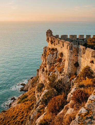 Murallas medievales de piedra junto a un mar sereno al atardecer en la costa mediterránea.