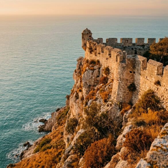 Murallas medievales de piedra junto a un mar sereno al atardecer en la costa mediterránea.