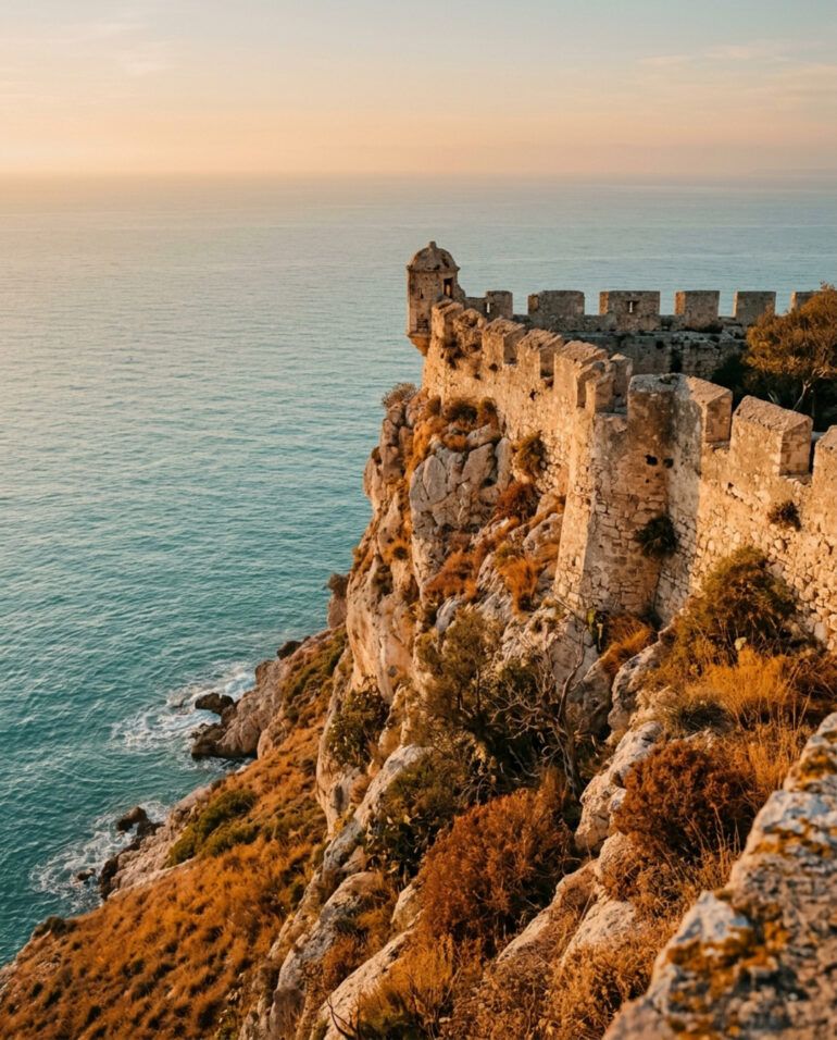 Murallas medievales de piedra junto a un mar sereno al atardecer en la costa mediterránea.