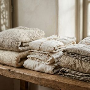 Detalle de prendas de ropa de lino y lana dobladas con cuidado en un estante de madera natural con luz suave.