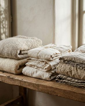 Detalle de prendas de ropa de lino y lana dobladas con cuidado en un estante de madera natural con luz suave.