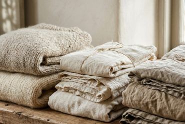 Detalle de prendas de ropa de lino y lana dobladas con cuidado en un estante de madera natural con luz suave.