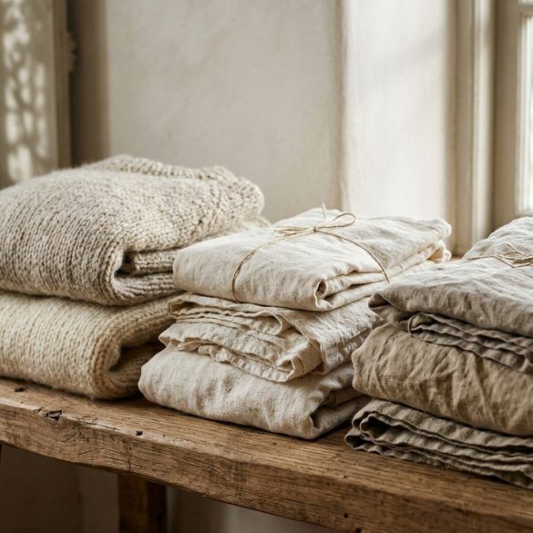 Detalle de prendas de ropa de lino y lana dobladas con cuidado en un estante de madera natural con luz suave.