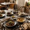 Mesa de restaurante elegante con platos de autor y copas listas para una comida gourmet en Madrid