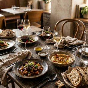 Mesa de restaurante elegante con platos de autor y copas listas para una comida gourmet en Madrid