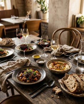 Mesa de restaurante elegante con platos de autor y copas listas para una comida gourmet en Madrid