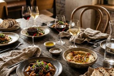 Mesa de restaurante elegante con platos de autor y copas listas para una comida gourmet en Madrid