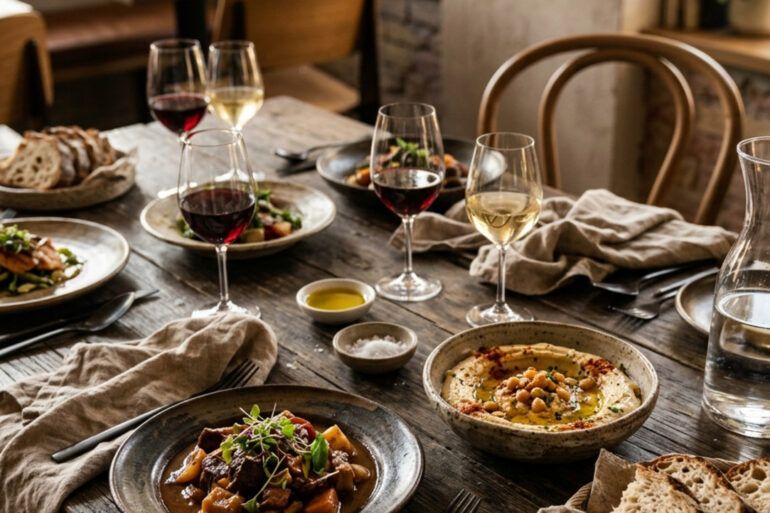 Mesa de restaurante elegante con platos de autor y copas listas para una comida gourmet en Madrid