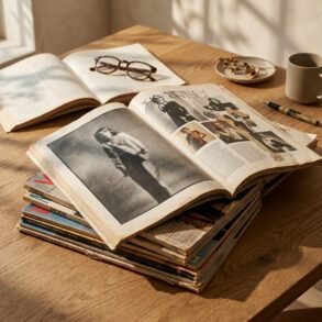 Pila de revistas de moda vintage y libros de fotografía abiertos sobre una mesa de madera con luz natural.