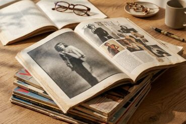 Pila de revistas de moda vintage y libros de fotografía abiertos sobre una mesa de madera con luz natural.
