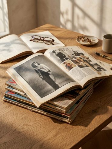 Pila de revistas de moda vintage y libros de fotografía abiertos sobre una mesa de madera con luz natural.