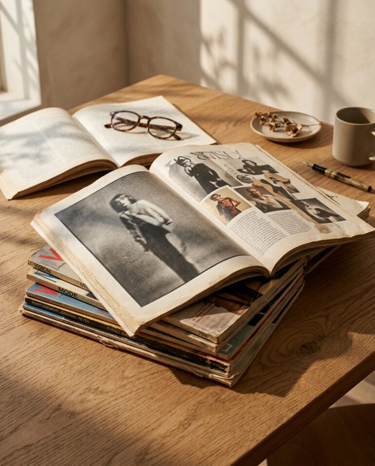 Pila de revistas de moda vintage y libros de fotografía abiertos sobre una mesa de madera con luz natural.