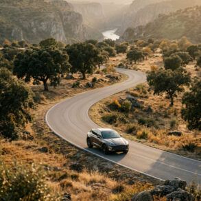 Coche elegante en una carretera secundaria atravesando un paisaje de dehesa dorada y colinas al atardecer de otoño