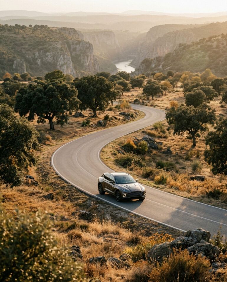 Coche elegante en una carretera secundaria atravesando un paisaje de dehesa dorada y colinas al atardecer de otoño